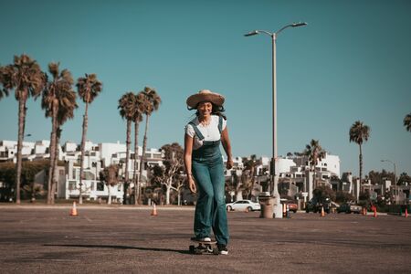 profi skater on a parking spot at santa monica. californiaの写真素材