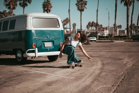 profi skater on a parking spot at santa monica. californiaの写真素材