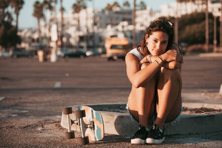 profi skater on a parking spot at santa monica. californiaの写真素材