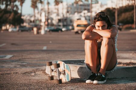 profi skater on a parking spot at santa monica. californiaの写真素材