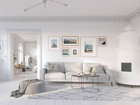 3D-Illustration. modern living room in bright new apartmentの写真素材