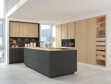 3D Illustration. Modern kitchen in loft apartment.の写真素材