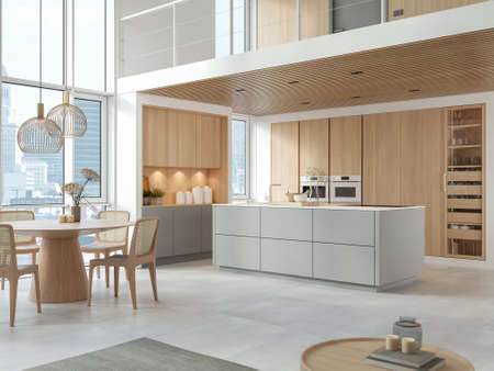 3D Illustration. Modern kitchen in loft apartment.の写真素材