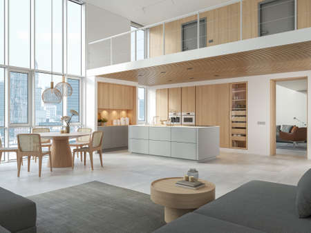 3D Illustration. Modern kitchen in loft apartment.の写真素材