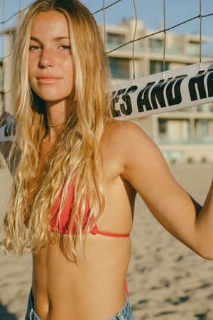 Blond California girl with bikini and shorts. High quality photoの写真素材