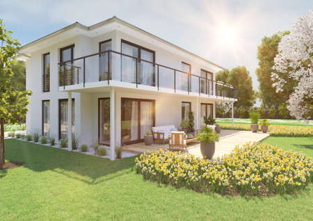 3D illustration. new house with garden. spring timeの写真素材