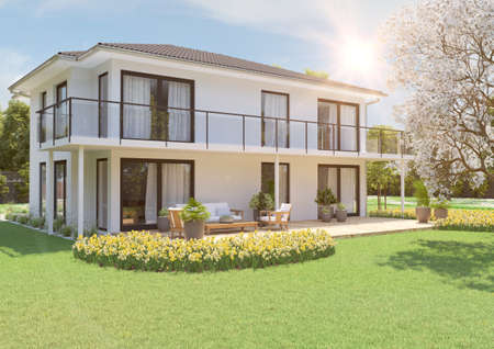 3D illustration. new house with garden. spring timeの写真素材