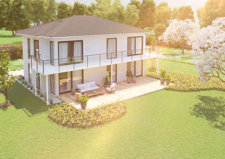 3D illustration. new house with garden. spring timeの写真素材