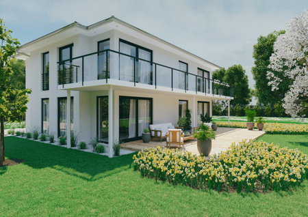 3D illustration. new house with garden. spring timeの写真素材