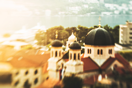Beautiful tilt-shift view of St. Nicholas church in Kotor, Montenegroの写真素材