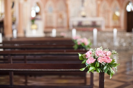 Beautiful flower wedding decoration in a churchの写真素材