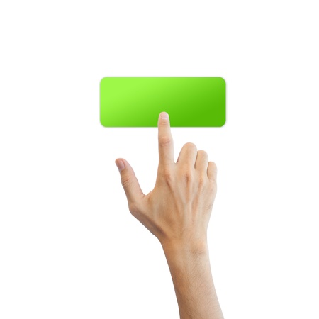 Green blank button with real hand isolated on white background