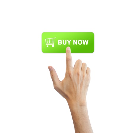 Buy button with real hand isolated on white backgroundの写真素材