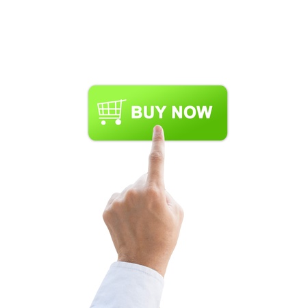 Buy button with real hand isolated on white background
