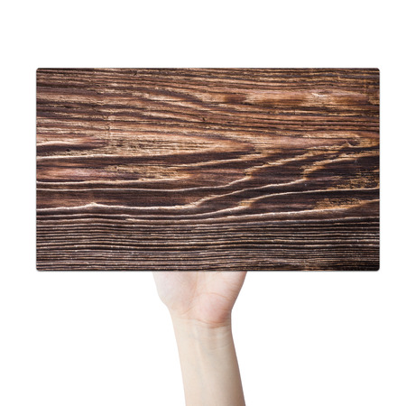 Hand hold wood sign label isolated on white backgroundの写真素材