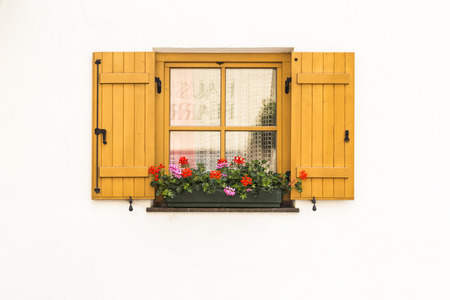the wood window on the white wallの写真素材