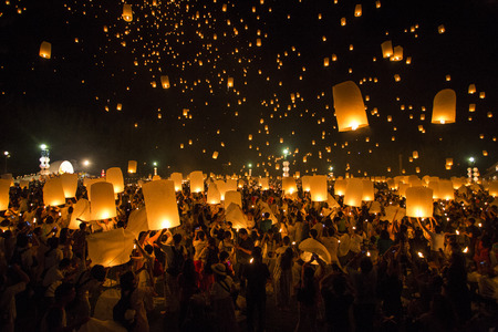 Floating lanterns yeepeng or loi krathong festival at Chiang Mai, Thailand.の写真素材