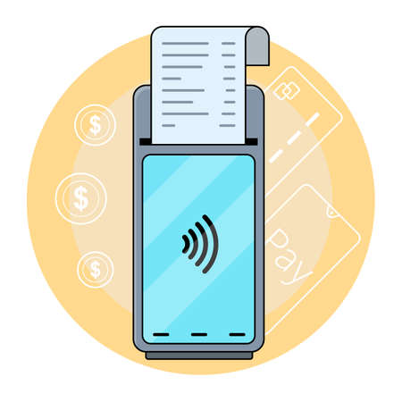 The concept of a touchscreen banking terminal in flat style, payment by card and smartphone.のイラスト素材
