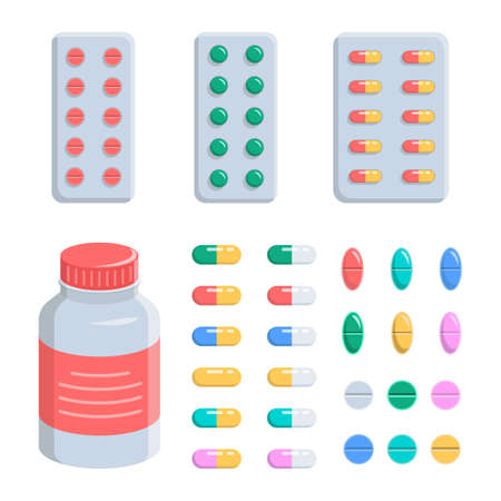 Pills, capsules, vitamins, pain and antidepressants in blisters and in a jar. Set is medical, pharmacy, hospital. Isolated vector illustration on white background. Cartoon flat style.のイラスト素材