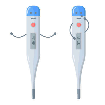 Joyful and sad medical thermometers. Emotional thermometers with high and low temperature. Device...