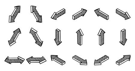 Set of isometric arrows. 3d black with hatching. Use as side pointers, loading, cursor, refresh. Isolated vector illustration on white background.のイラスト素材