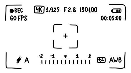 Camera viewfinder interface, screen. Movie mode. Doodle style sketch. Vector illustration.のイラスト素材