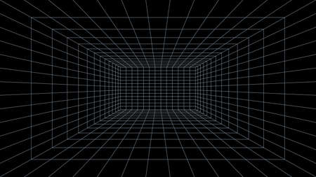 Grid room 3d. Perspective black background. Virtual reality, construction, interior design, technology and template. Vector illustration.のイラスト素材