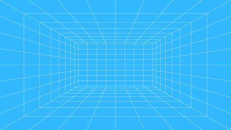Grid room 3d. Perspective blue background. Virtual reality, construction, interior design, technology and template. Vector illustration.のイラスト素材