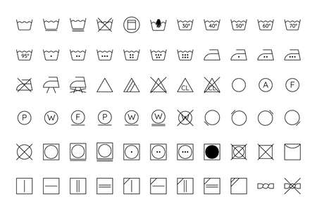 Laundry guide. A set of symbols, icons and icons with descriptions for washing, drying and ironing. Used for clothes and fabrics. Vector illustration with editable stroke.のイラスト素材