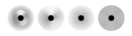 Sound pulsation of a circular wave pack. Radio signal or splash of water. Isolated set of vector elements on white background.のイラスト素材