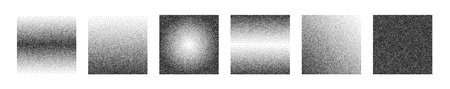 Gradient squares of grains. Noisy figures patterns with tone transitions. Collection of isolated elements on a white background.のイラスト素材