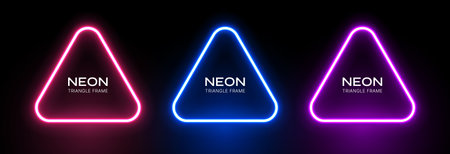 Neon light triangle. Abstract shape glow. Laser frame on a black background. Geometric led effect. Set of vector fluorescent banners.のイラスト素材
