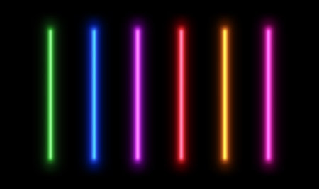 Neon led line light. Glow laser stripe. Electric beam divider. Set of stick lamps for game design isolated on black background.のイラスト素材