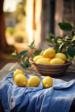 Lemons in a basket on a wooden table in the gardenの素材