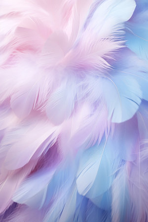 Beautiful abstract color pink and blue feathers on white background and soft white feather texture on blue pattern and blue background, feather background, blue bannersの素材
