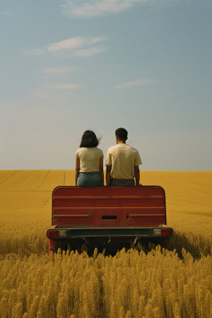 Rear view of young couple standing in front of a red car in a wheat fieldの素材