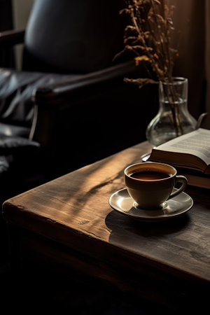 Coffee cup and book on wooden table in the morning.の素材