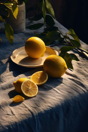 Still life with lemons and lemon slices on a table cloth.の素材