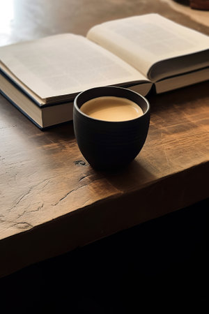 Cup of coffee and books on wooden table. Selective focus.の素材