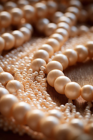 Pearl necklace on a wooden background. Shallow depth of field.の素材