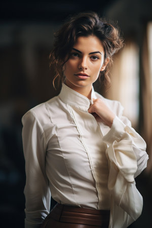 Portrait of a beautiful woman in a white blouse and brown trousersの素材