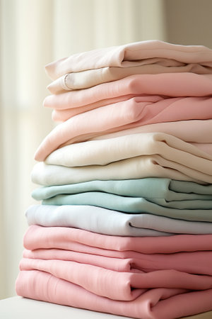 Stack of clothes on table, closeup. Dry-cleaning serviceの素材