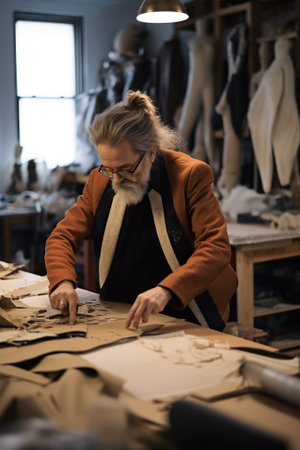 Fashion designer working on a new collection of suit designs in his studioの素材