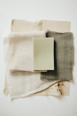 Top view of a stack of beige and brown linen towels on a white wall.の素材