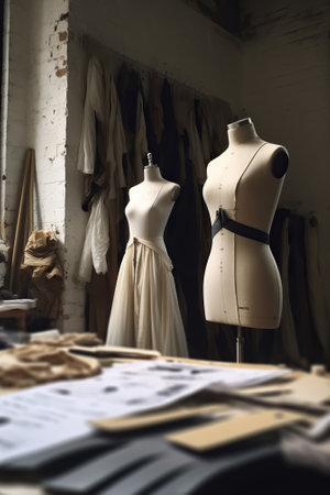 Fashion designer clothes on a mannequin in a workshop.の素材