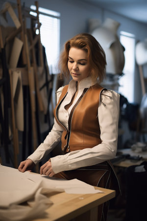 Beautiful young fashion designer working in her studio. Portrait of a fashion designer.の素材
