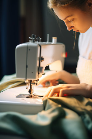 Closeup of a young woman sewing on a sewing machine at homeの素材