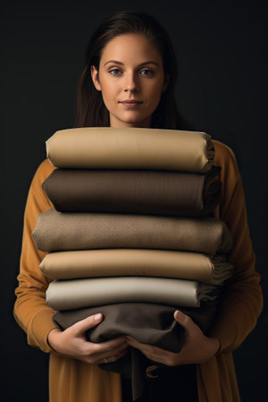 portrait of young woman holding stack of pillows isolated on blackの素材
