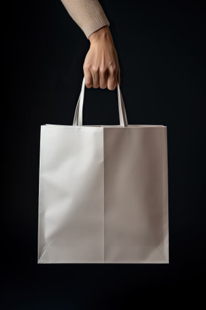 White paper bag in female hand on black background. Mockup for designの素材