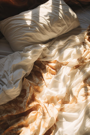 Close-up of bed sheets and pillows in the morning sunlightの素材